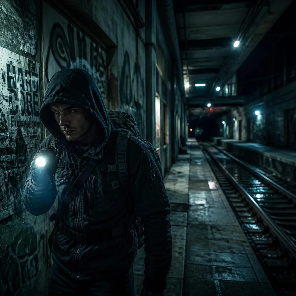 A Male Urban Explorer's Stealthy Move Through a Deserted Metro Station — AI image prompt