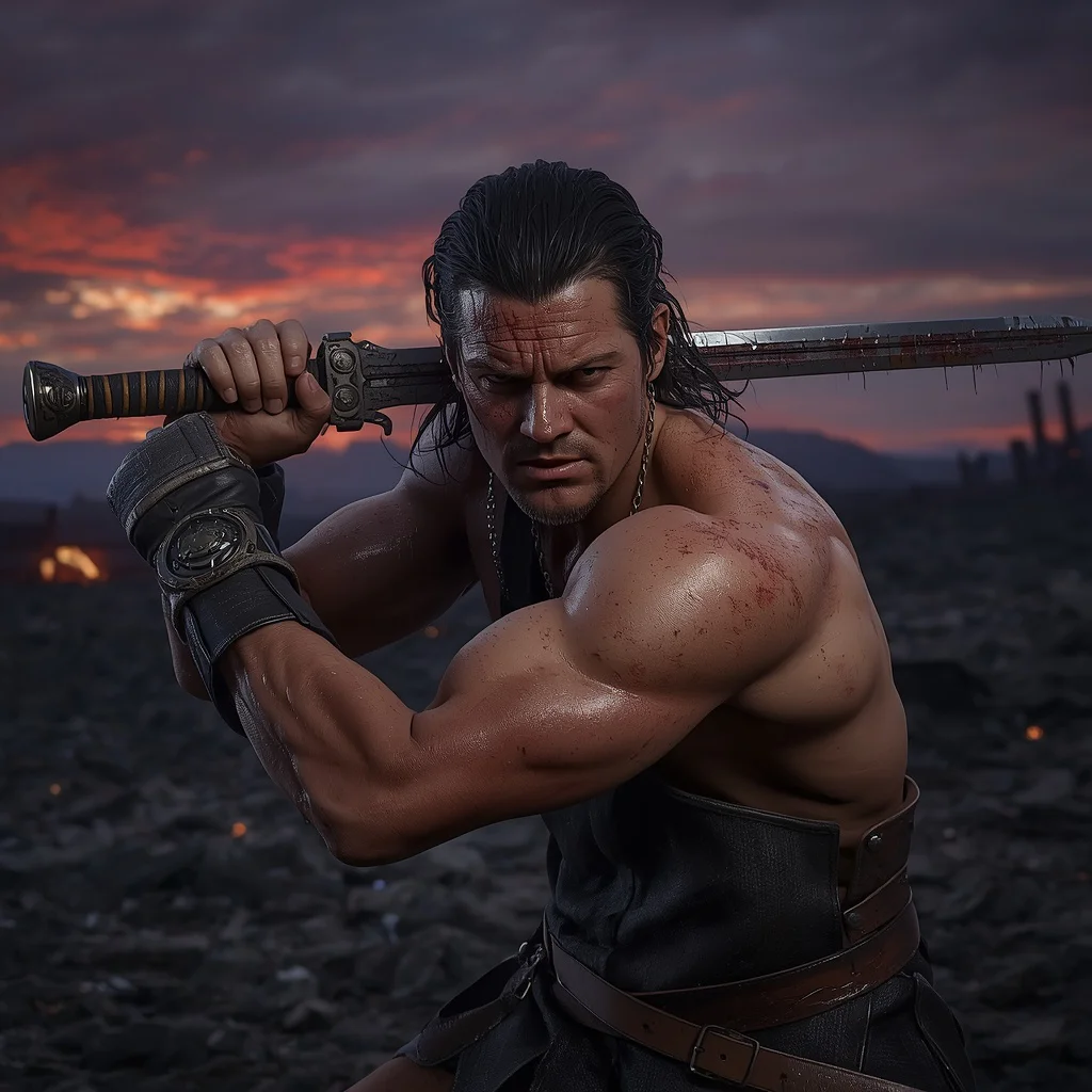 A Male Warrior's Grueling Training in a Stark, Desolate Battlefield — AI image prompt