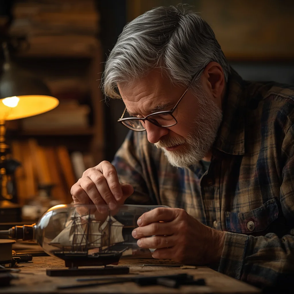 A Man's Intense Focus While Crafting a Miniature Ship in a Cozy Studio — AI image prompt
