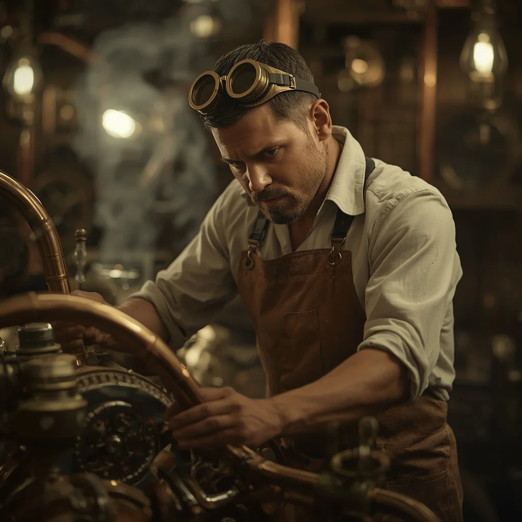 A Man's Intense Gaze in a Steampunk Workshop — AI image prompt