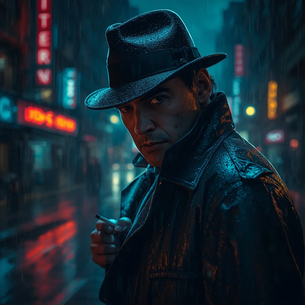 A Man's Intense Portrait as a Detective in a Rainy City Night — AI image prompt