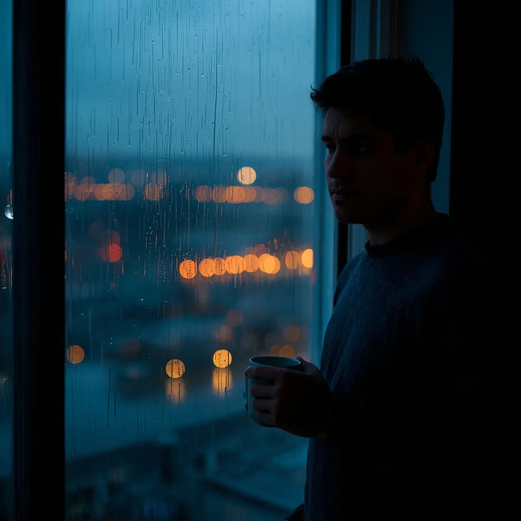 A Man's Reflective Portrait by an Open Window with Rainy Cityscape — AI image prompt