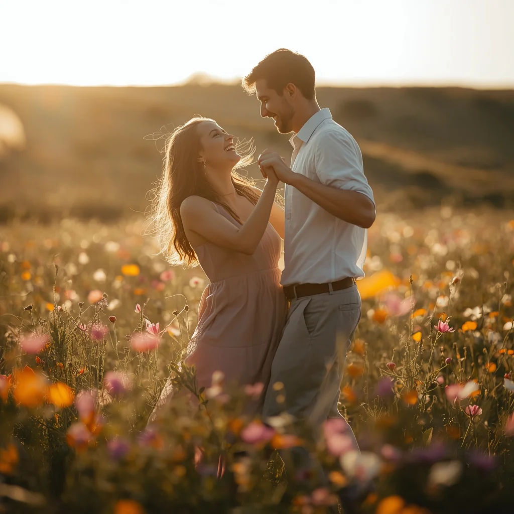 A Romantic Couple Dancing in a Field of Wildflowers Under Golden Hour — AI image prompt