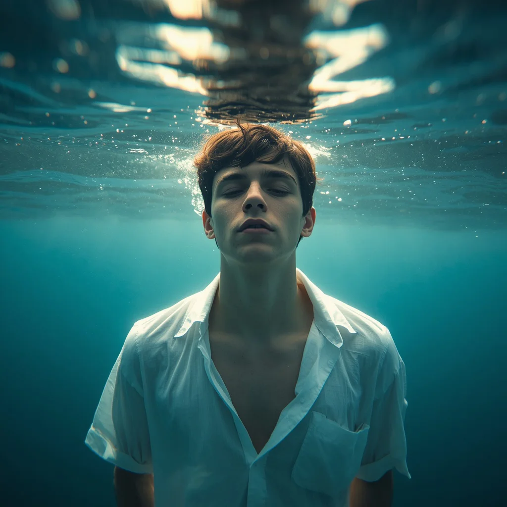 A Serene Meditative Young Man Underwater Portrait — AI image prompt