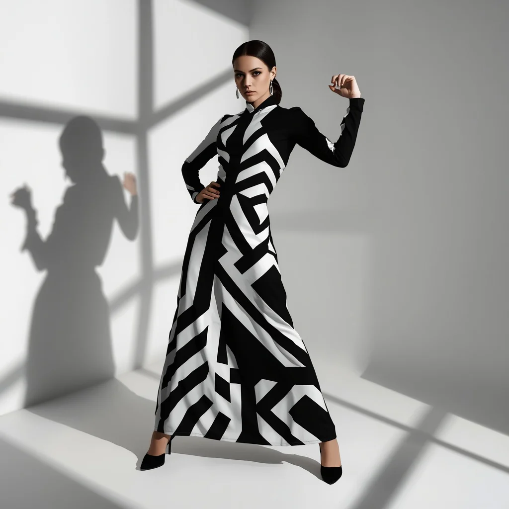 Bold Fashion Editorial with a Geometric Patterned Maxi Dress — AI image prompt