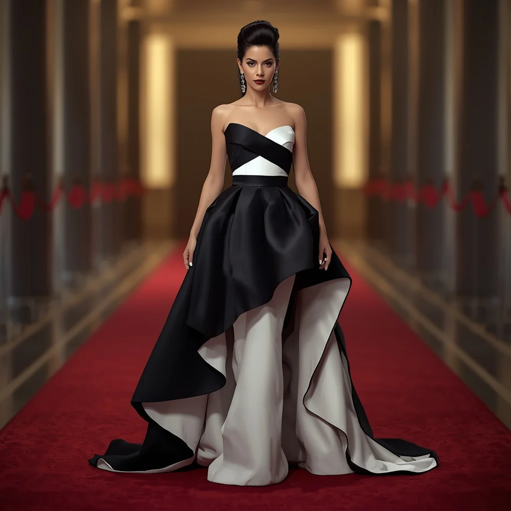 Bold Fashion Statement in a Structured Black and White Gown — AI image prompt