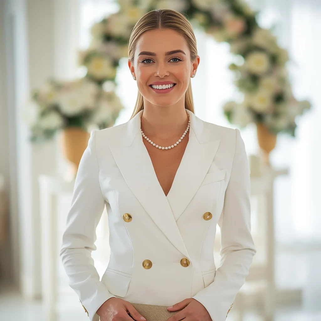 Classy White Blazer Dress for a Bridal Shower — AI image prompt
