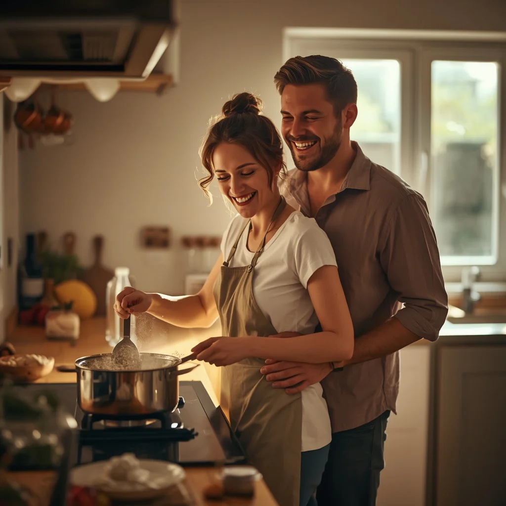 Cozy Home Life: A Couple Cooking Together in a Warm Kitchen — AI image prompt