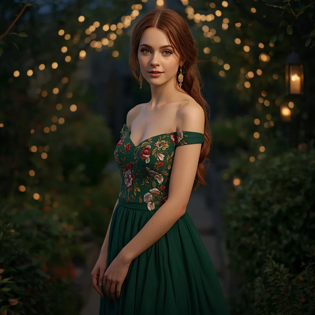Festive Garden Gala Attire with a Floral Embroidered Gown — AI image prompt