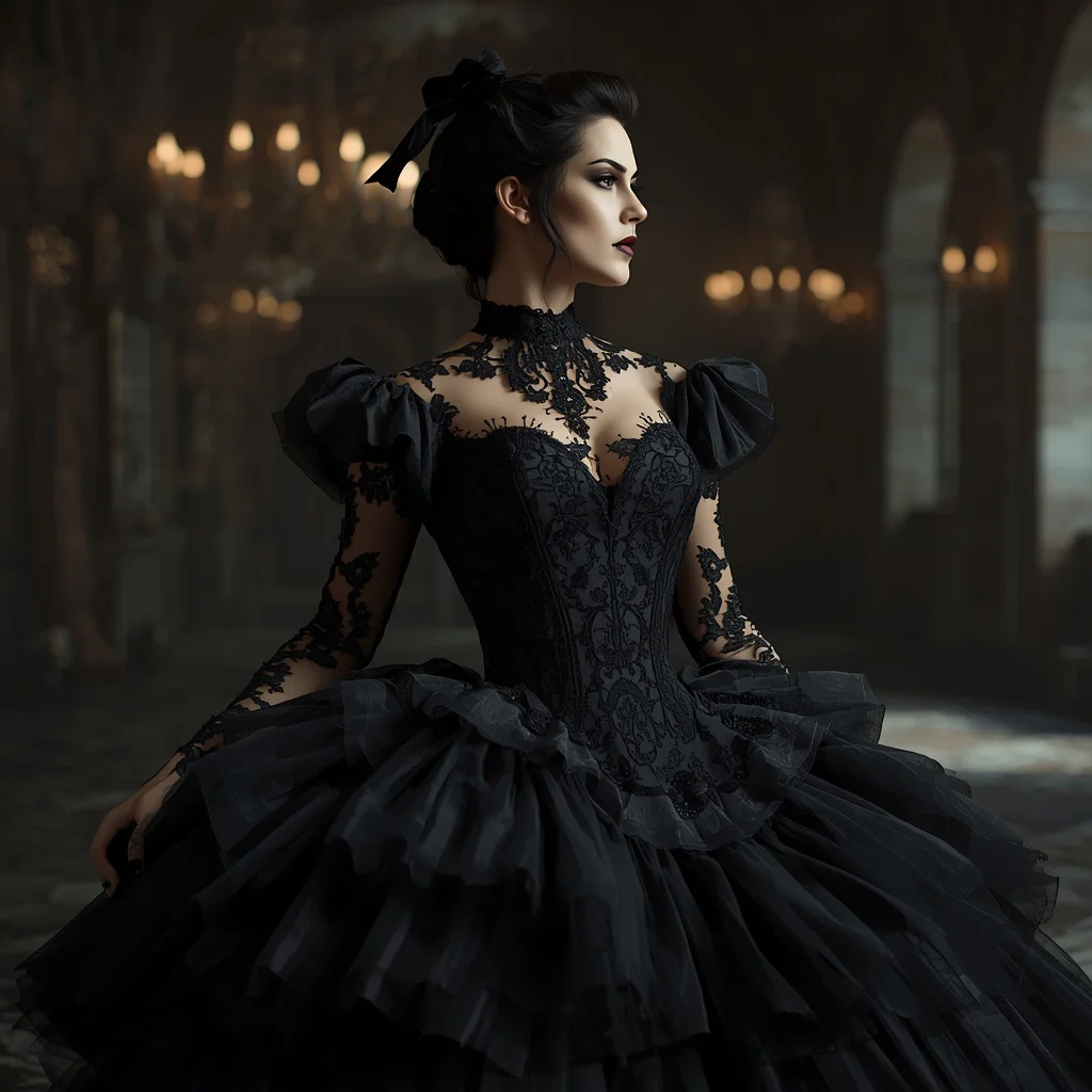 Gothic Glamour in a Black Lace and Tulle Gown — AI image prompt