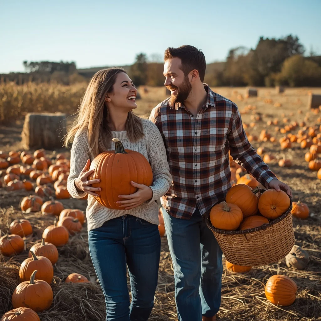 Harvest Festival Delight: A Couple Collecting Pumpkins in an Autumn Field — AI image prompt