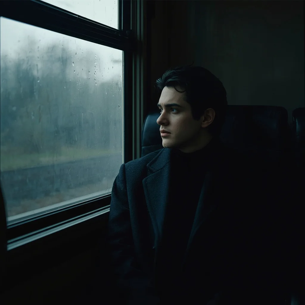 Melancholic Male Figure in a Solitary Train Carriage on a Misty Day — AI image prompt