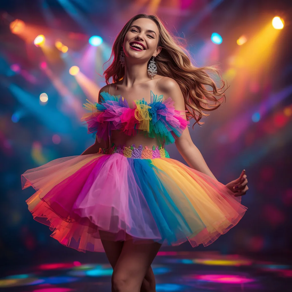 Playful Glamour in a Multicolored Tulle Mini Dress — AI image prompt