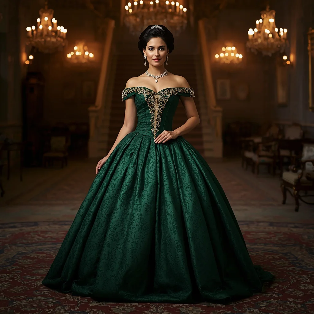 Regal Brocade Gown at an Old-World Mansion — AI image prompt