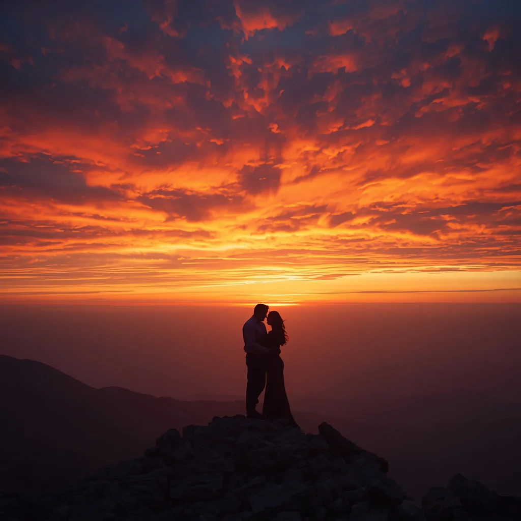 Romantic Couple Silhouetted Against a Fiery Sunset on a Mountain Peak — AI image prompt