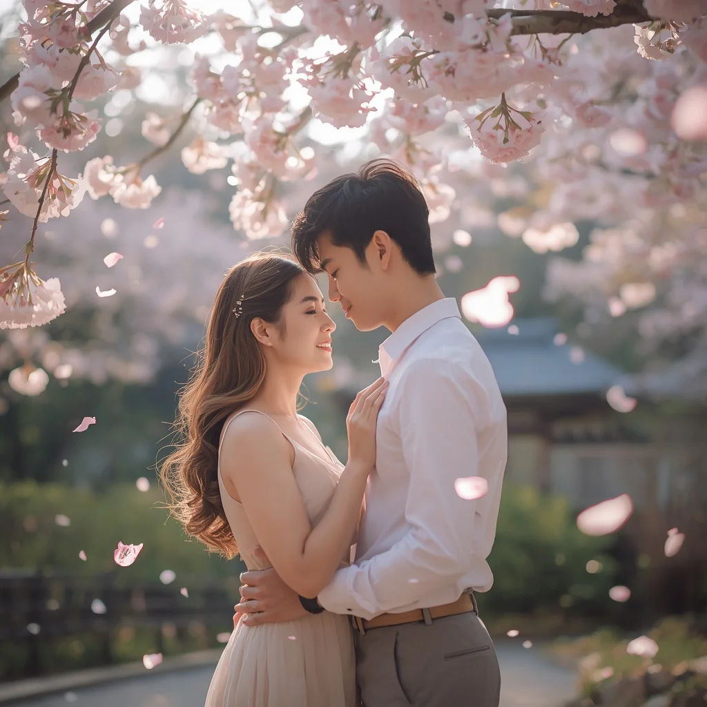 Romantic Couple's Embrace Under Cherry Blossoms in a Tokyo Park — AI image prompt