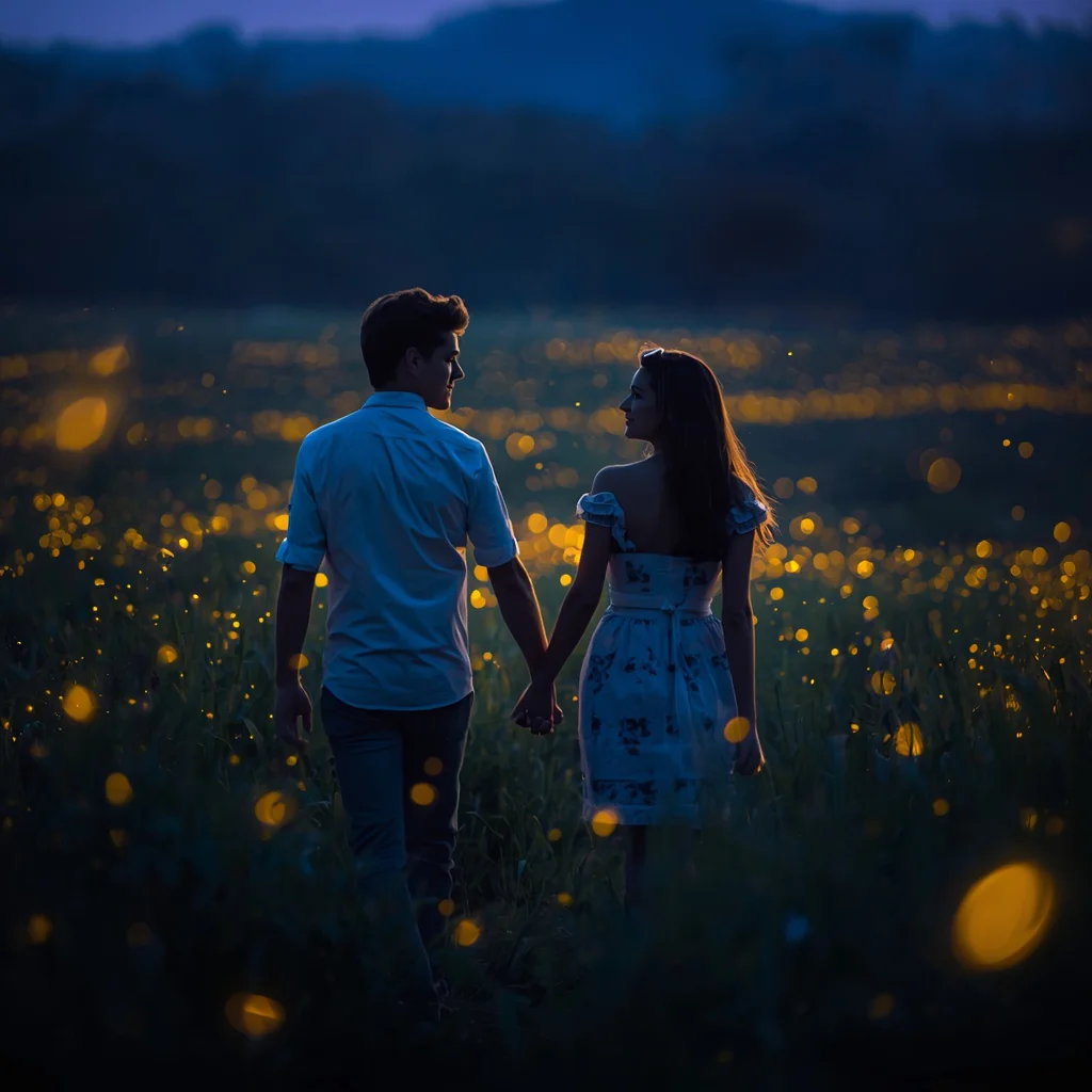 Romantic Couple's Enchanting Stroll Through a Field of Fireflies at Twilight — AI image prompt