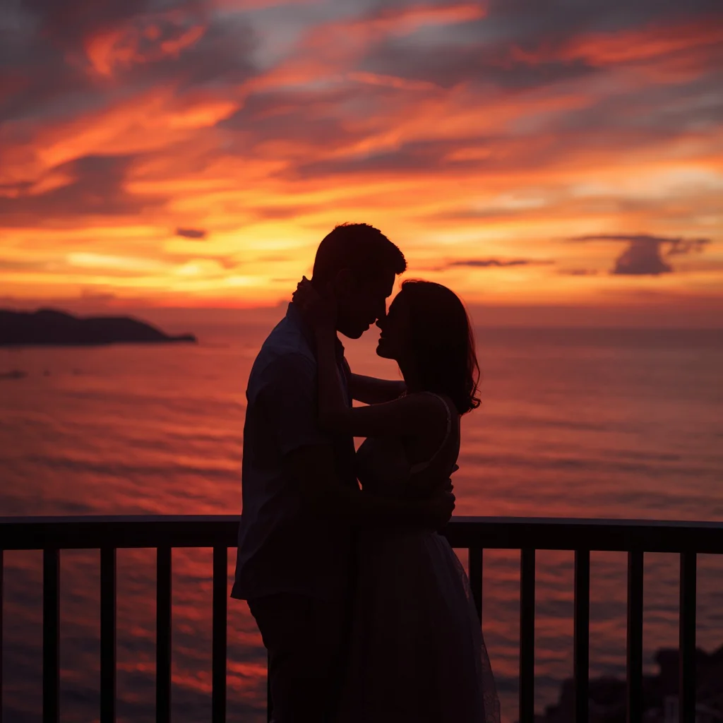 Romantic Couple's Intimate Embrace on a Balcony Overlooking an Ocean Sunset — AI image prompt