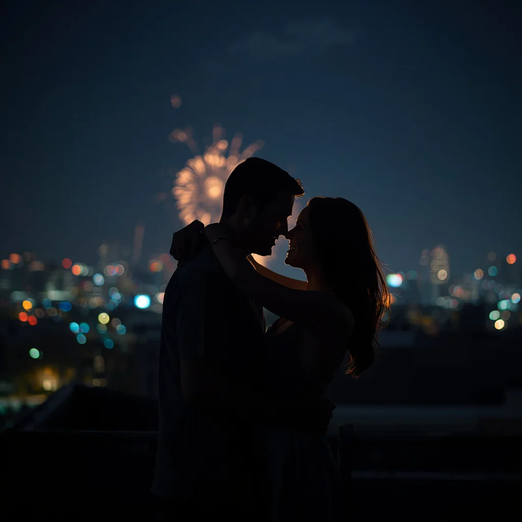 Romantic Couple's Intimate Embrace on a Rooftop with Distant Fireworks — AI image prompt