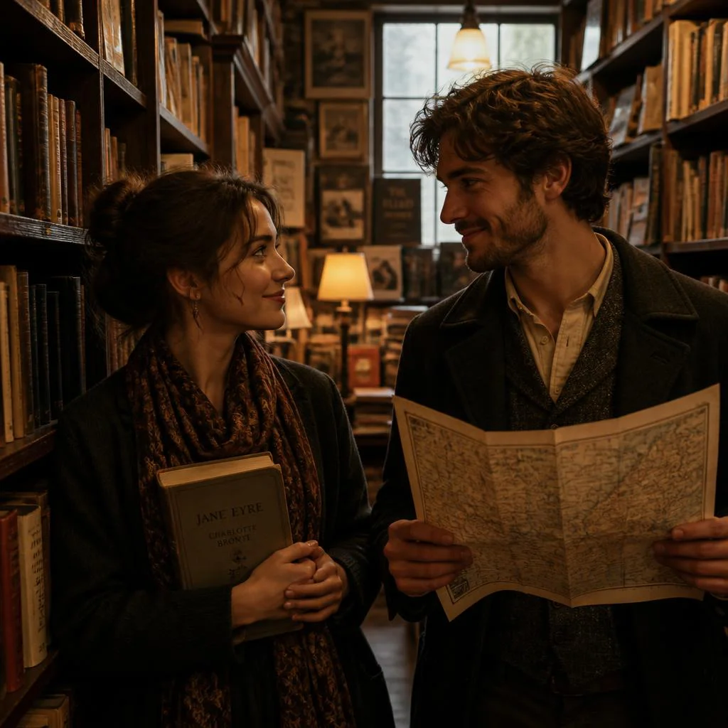 Romantic Couple's Intimate Glance in a Cozy Bookstore Aisle — AI image prompt
