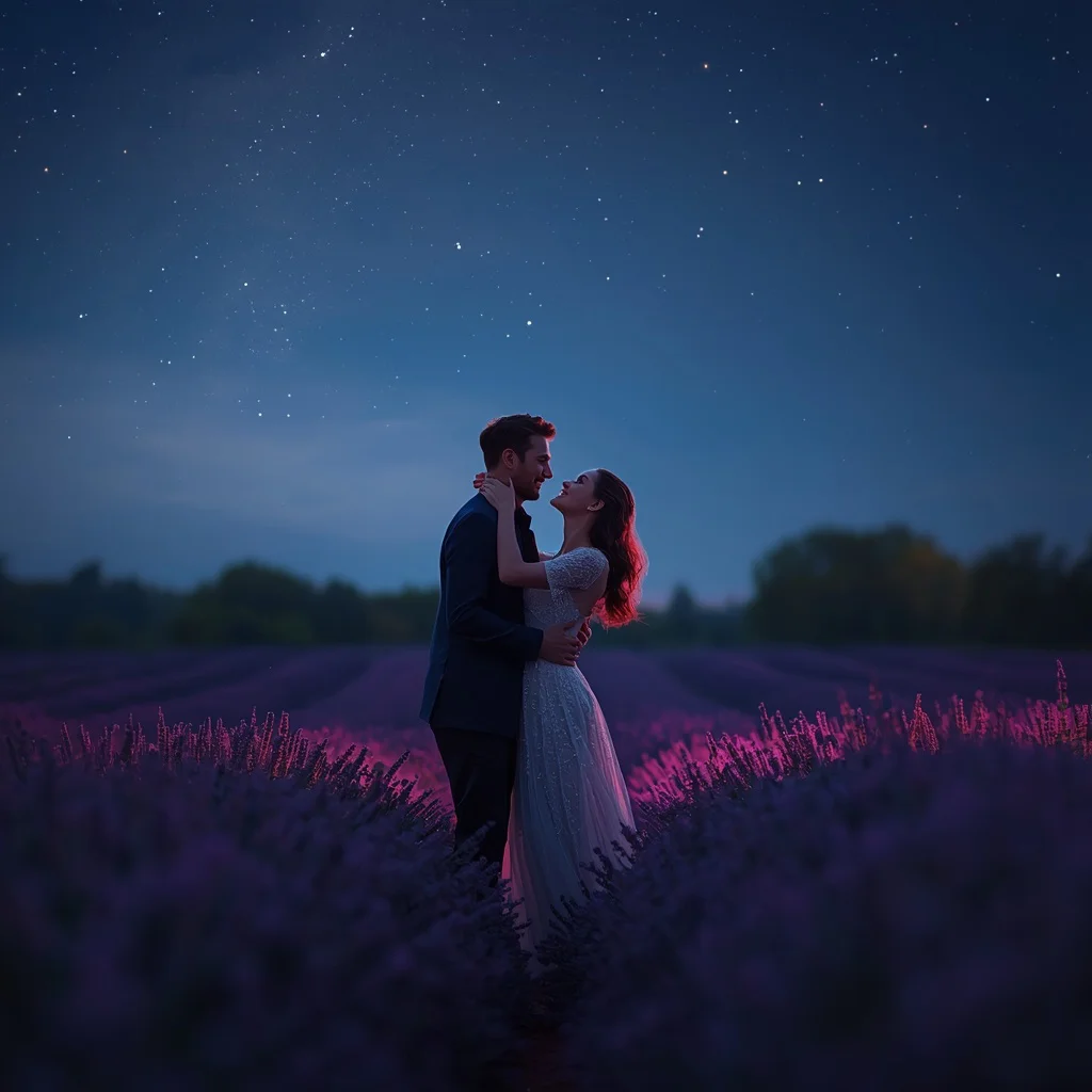 Romantic Couple's Joyful Dance in a Field of Lavender Under the Stars — AI image prompt