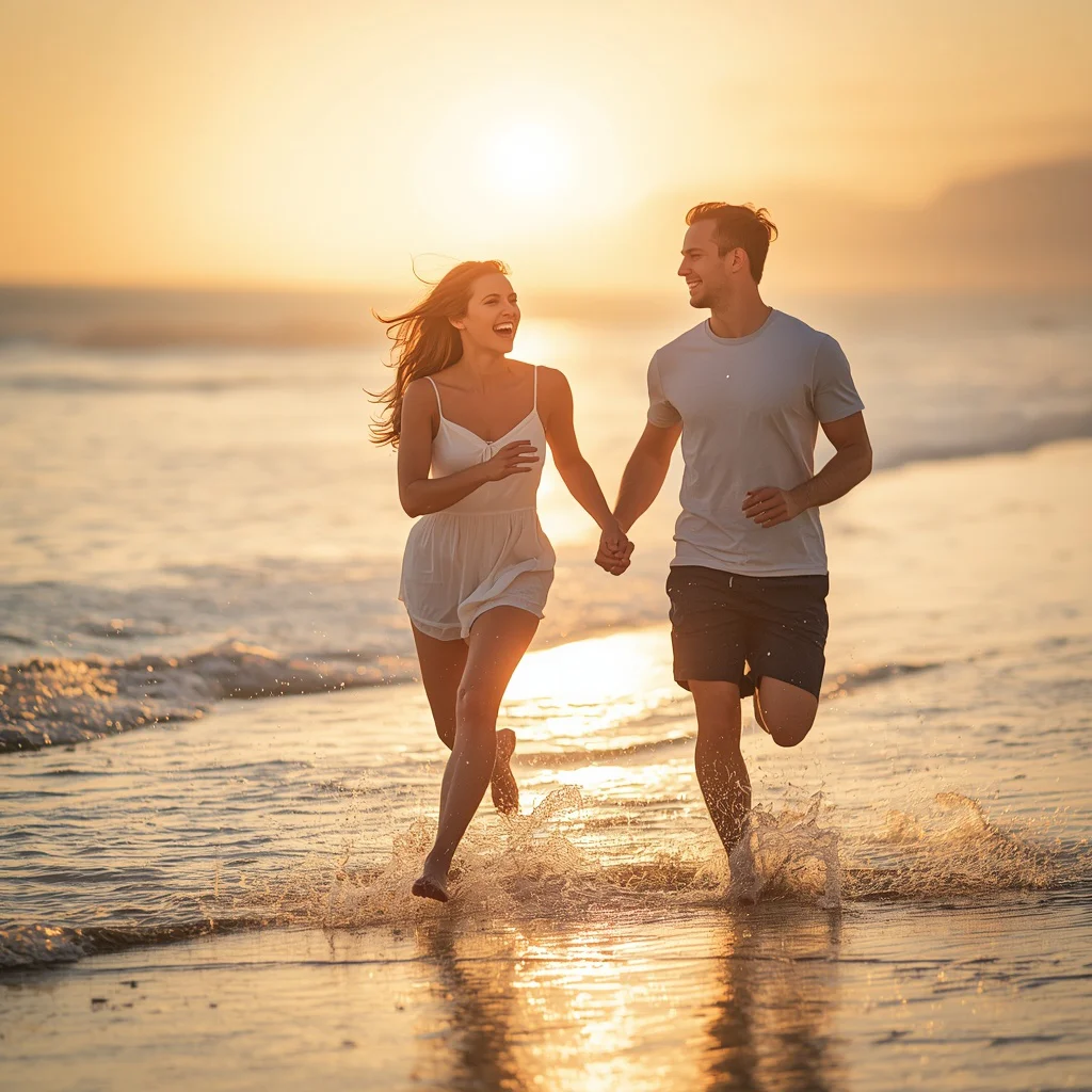 Romantic Couple's Playful Beach Run with Splashing Waves at Golden Hour — AI image prompt