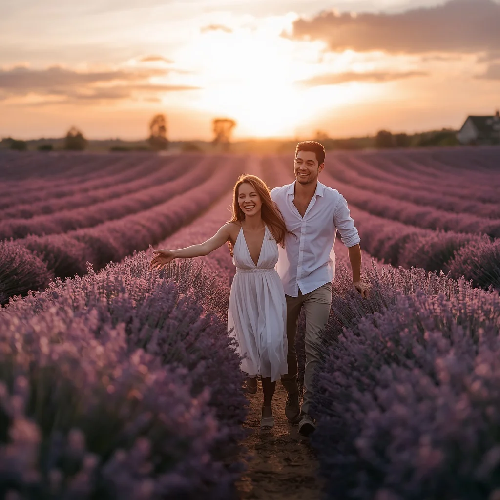 Romantic Couple's Playful Chase Through a Lavender Field at Sunset — AI image prompt
