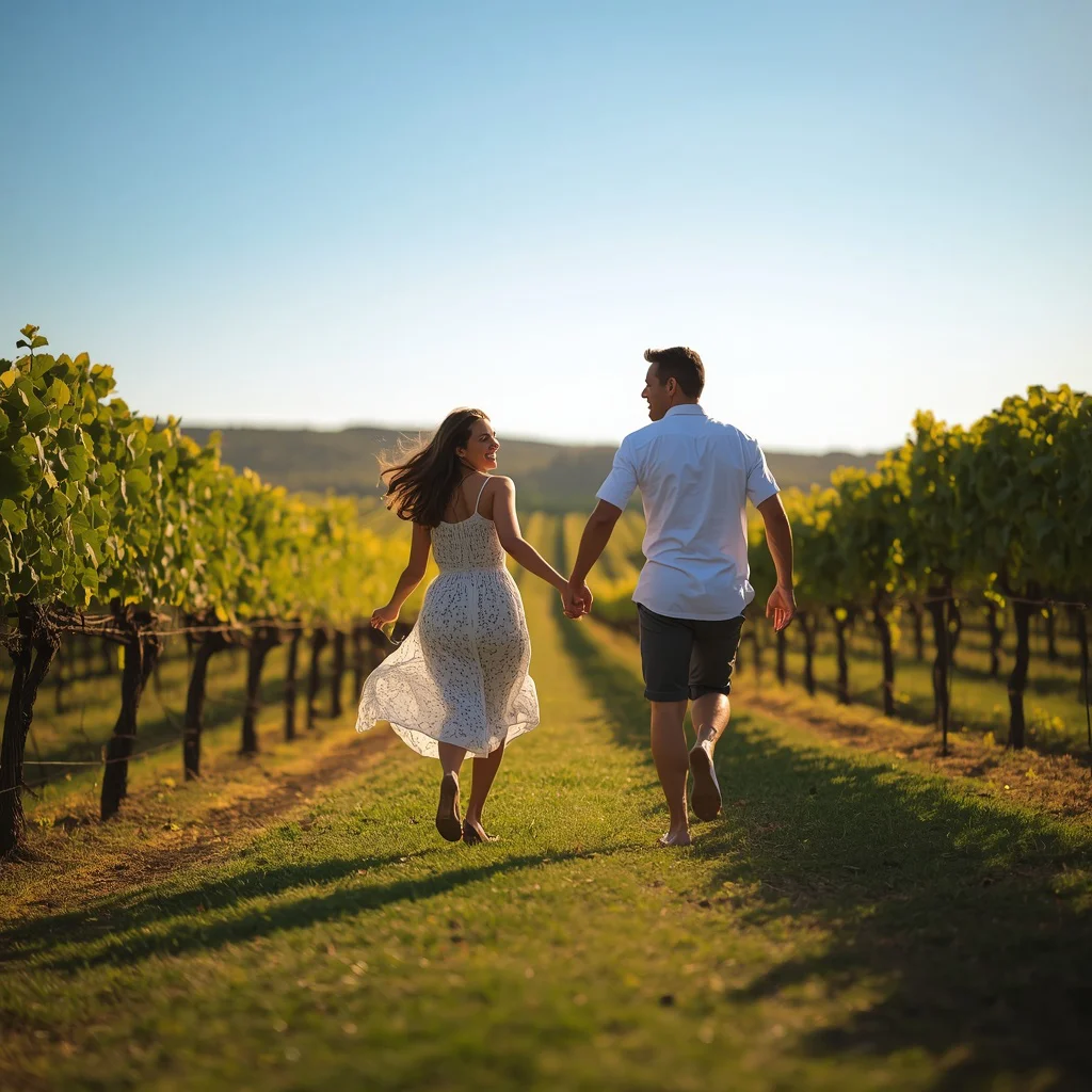 Romantic Couple's Playful Moment on a Sun-Drenched Vineyard Hill — AI image prompt