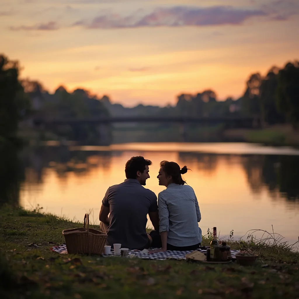 Romantic Couple's Serene Picnic by a Calm River with Sunset Hues — AI image prompt