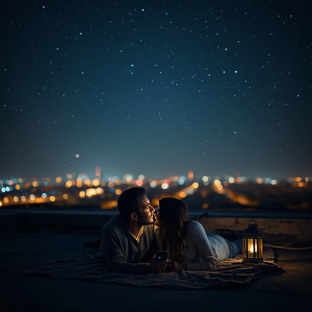 Romantic Couple's Star-Gazing on a Quiet Rooftop with City Lights Below — AI image prompt