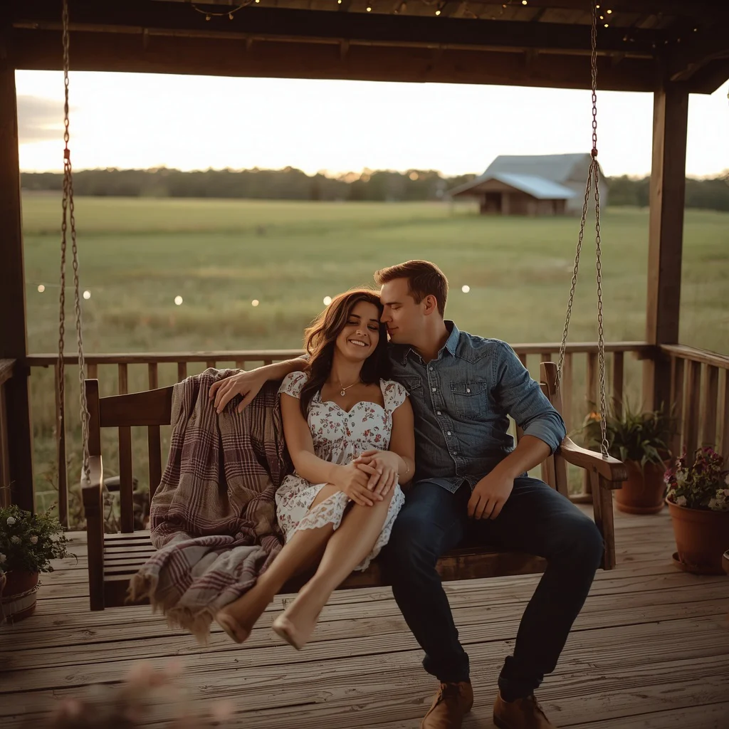 Rustic Farmhouse Romance: A Couple on a Porch Swing — AI image prompt