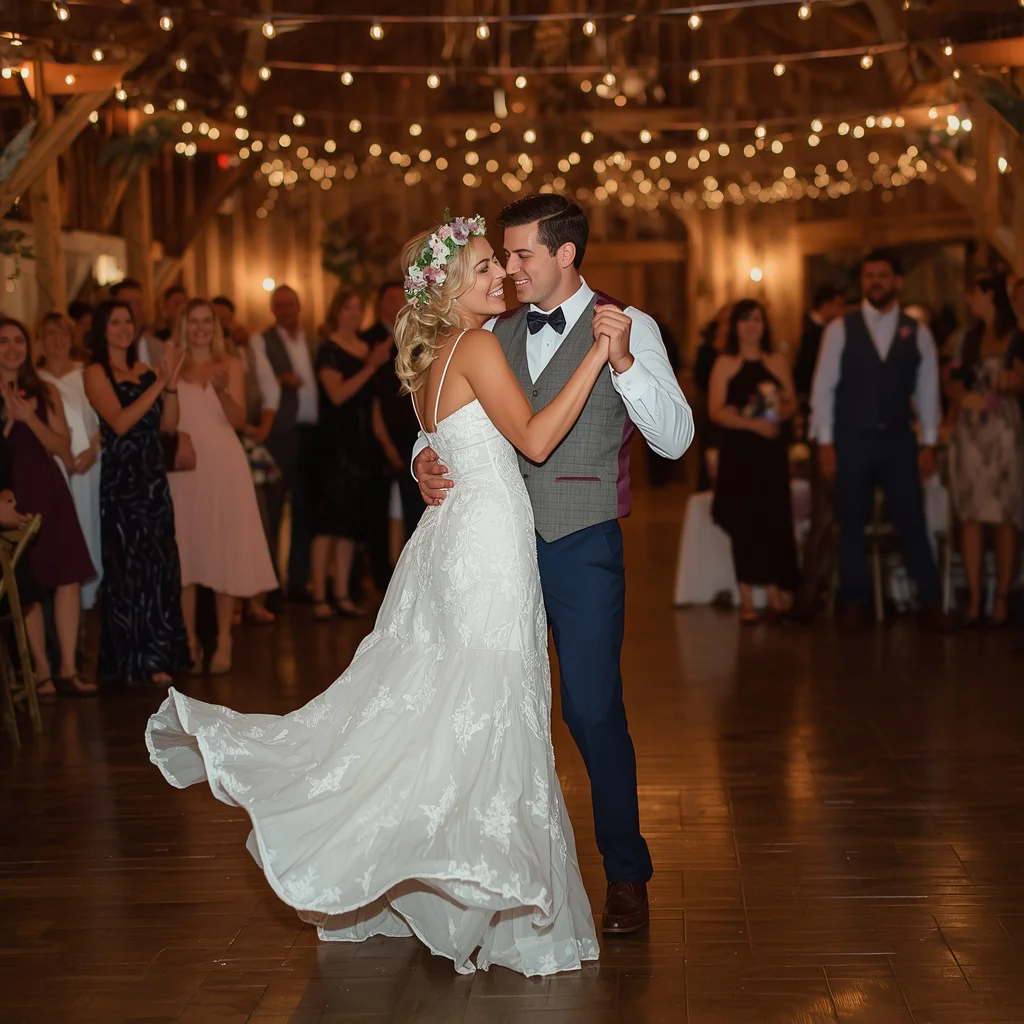 Rustic Wedding Bliss: A Couple's Joyful Barn Dance — AI image prompt