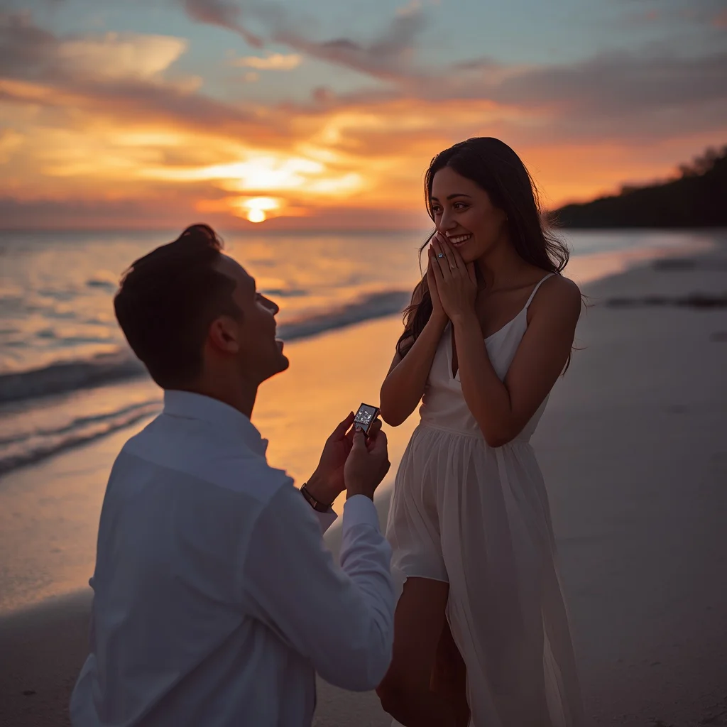 Sunset Beach Proposal: A Romantic Couple's Engagement Moment — AI image prompt