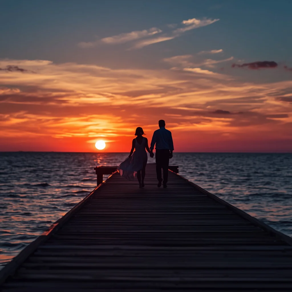 Sunset Silhouettes: A Romantic Couple Walking Hand-in-Hand on a Pier — AI image prompt