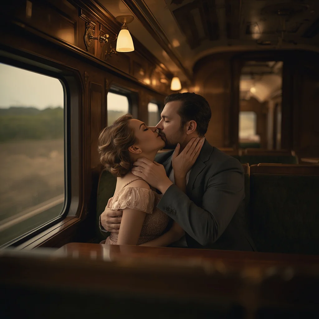 Timeless Kiss: A Romantic Couple in a Vintage Train Compartment — AI image prompt